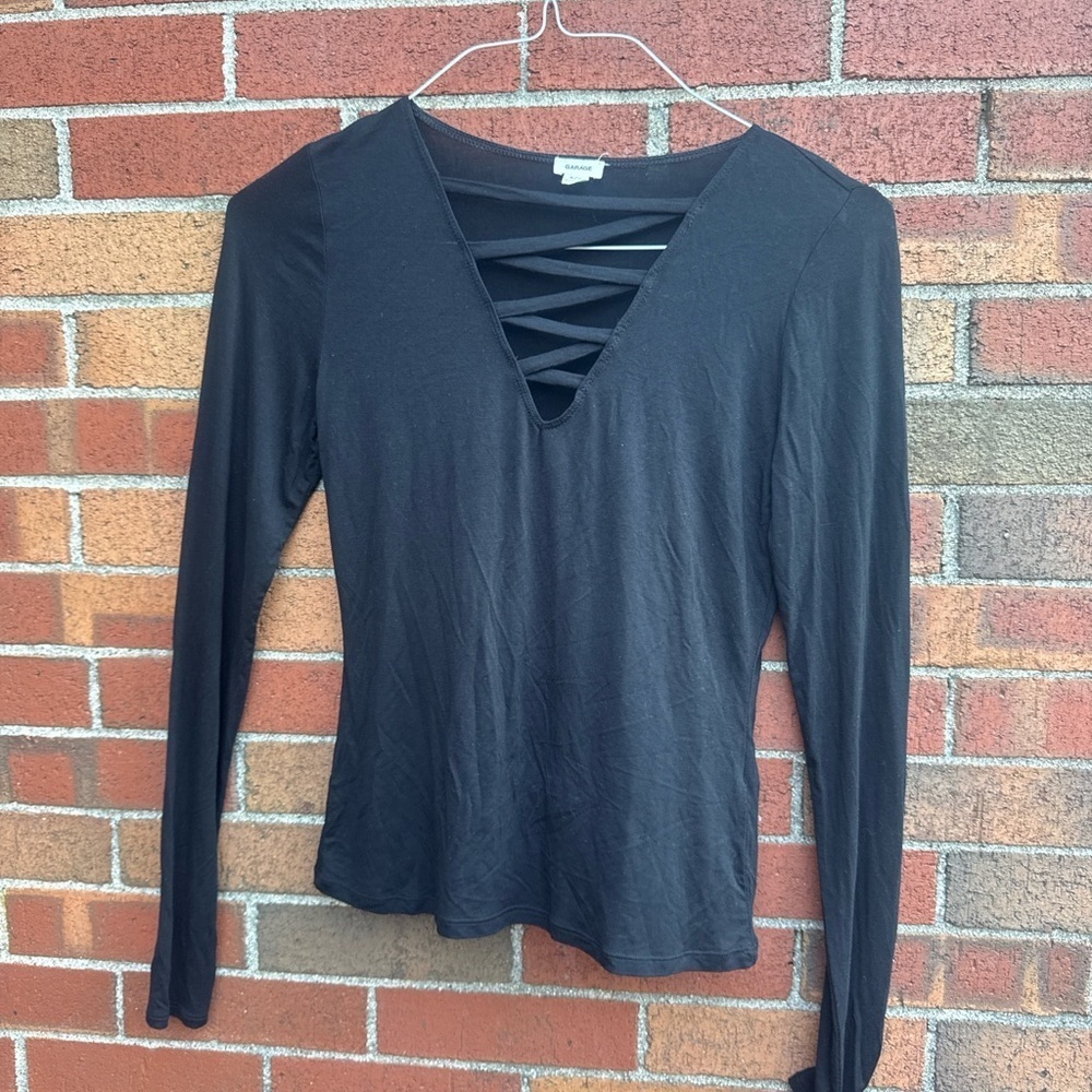Garage Long Sleeve Black Crisscross V-Neck Top